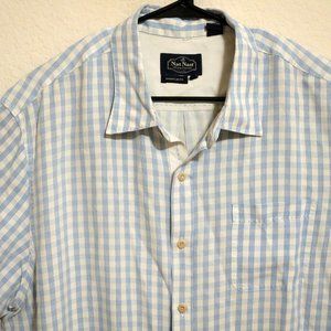 Nat Nast Shirt Mens XL Short Sleeve Button Blue White Stripes Silk
